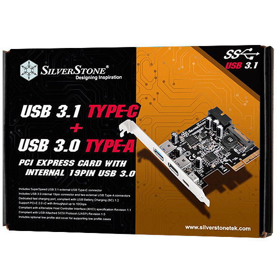 SilverStone ECU05 USB 3.1 Type-C+USB 3.0 Type-A PCI Express card with internal 19pin USB 3.0