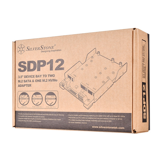 SilverStone SDP12 –  3.5 Device Bay to 2 x SATA M.2 SSD AND 1 x PCIe NVMe M.2 SSD Adapter